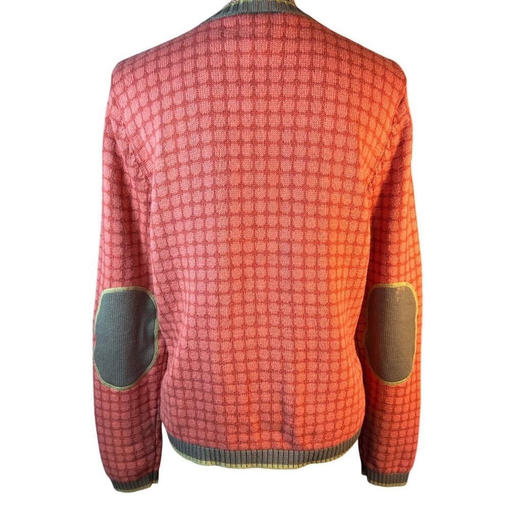 Talbots Womens Cardigan Sweater L Orange/Green Checkered Pattern Elbow patches - Picture 3 of 10
